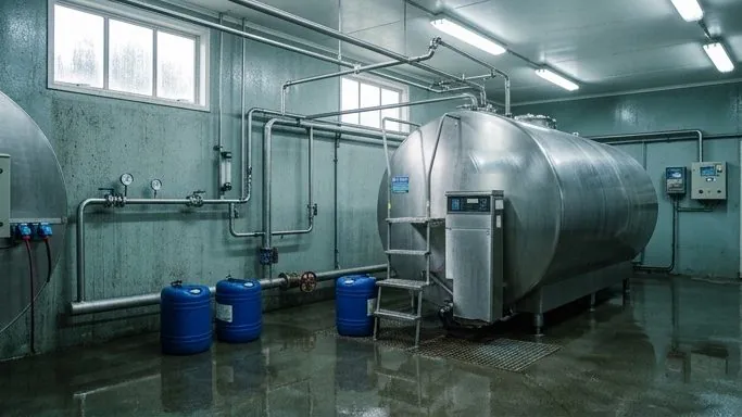 Sala de ordeña con estanque de frío